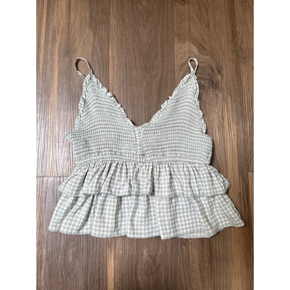 Ocean Drive Women's Sage Green Checked Cropped Ruffled Smocked Tank Size Small